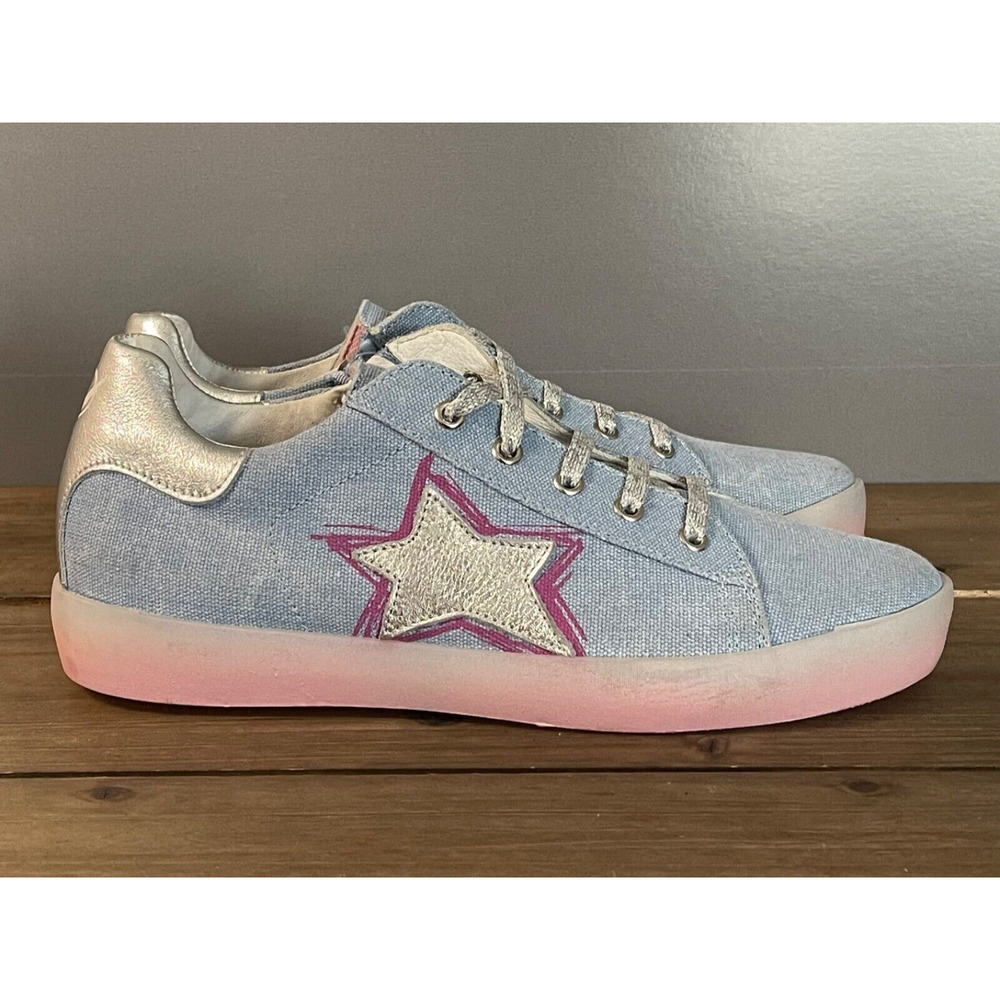 Naturino Big Kid Aro Zip Sneakers Size 37 Blue Pink Silver Canvas Star Lace Up